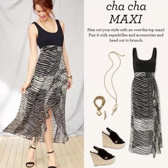 Cabi Cha Cha Ruffle Geometric Maxi Dress #5266 Black Tan Beige Size XS - Picture 2 of 7